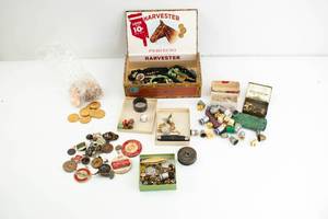 lot 407 image: Group of Antique Knick-knack Collectible Items, Dice, Tokens, Buttons, & More