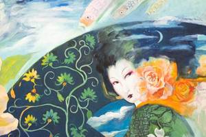 lot 275 image: Miranda Mon Massive Original Oil on Canvas Painting of Japanese Woman and Botanicals