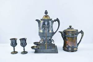 lot 139 image: Ornate Antique Silverplate Beverage Serving Set & Additional Carafe