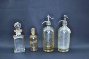 lot 142 image: 4 Antique Glass Advertising Bottles, Etched & Decal