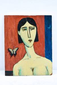 lot 208 image: Vintage Unsigned Original Painting on Board of Woman and Butterfly