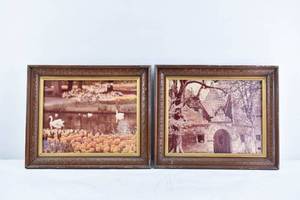 lot 210 image: Pair of Vintage Prints on Canvas Board, Architecture, Swans