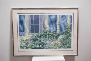 lot 538 image: Serigraph of Window with Blue Shutters and Greenery, Signed E. Balcom