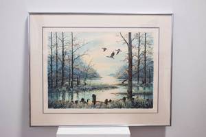 lot 542 image: Steve Bloom Serigraph Depicting Geese Around Wooded Lake