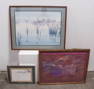 lot 550 image: 3 Misc. Signed Artworks - Pond, Abstract, Spider
