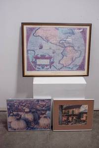 lot 553 image: 3 Vintage Wall Art Pieces, Map, Photographs