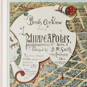 lot 34 image: Large A.M. Smith Birds Eye View of Minneapolis Map Print