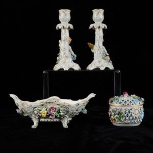 lot 112 image: 4 Dresden Porcelain Baskets and Candlesticks