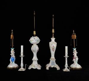 lot 138 image: Grp. 6 Dresden Porcelain Lamps