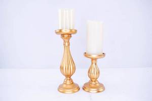 lot 495 image: 2 Luminara Ivory Flameless Pillar Candles with Gold Colored Holders