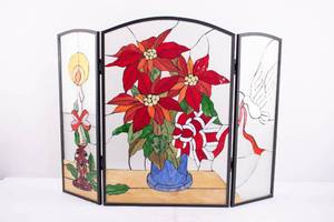lot 501 image: Stained Glass Christmas Fireplace Screen w Poinsettias, Dove