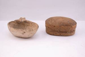 lot 504 image: 2 Small Carved Wood Antiques, Cup-like Vessel & Box