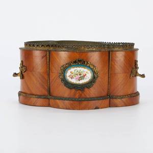 lot 117 image: 19th c. French Veneered Jardiniere w Porcelain Plaques