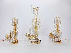 lot 137 image: 3 Girandole Baccarat Style Candelabra Lamps