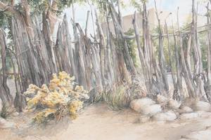 lot 171 image: Carol Carpenter Untitled (Driftwood Fence) Original Watercolor Painting