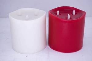 lot 453 image: 2 Large Flameless 3 Wick Candles in Red & Ivory, Luminara