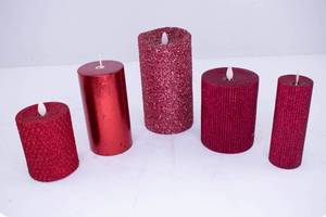lot 454 image: 5 Luminara Red Textured Glitter & Reflective Flameless Candles