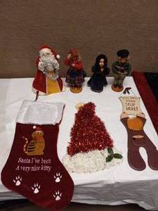 (4) CHRISTMAS FIGURINES, STOCKING & MORE
