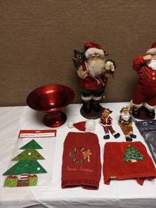 (2) SANTA CLAUS FIGURINES, STOCKING, CHRISTMAS FOOD DISHES & MORE