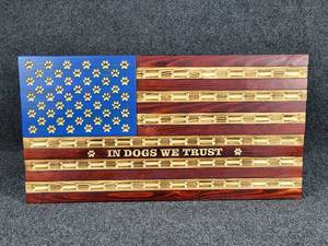 lot 3009 image: In Dogs We Trust Handcrafted Wooden Flag by Vance Stuehrenberg of Red Lights Woodwork