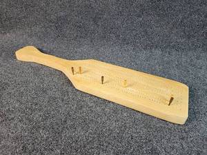 lot 3033 image: Solid Oak Paddle-Shaped Cribbage Board with Wooden Pegs by Robert Kyvig