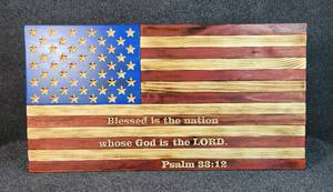 lot 3043 image: Blessed is the Nation... Handcrafted Wooden Flag by Vance Stuehrenberg of Red Lights Woodwork
