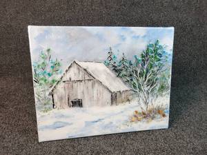 lot 3047 image: Barn in Repose Acrylic, Glass, and Resin on Canvas by Marie of Divine Providence Community Home