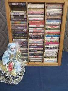 VINTAGE CASSETTES IN GREAT WOOD STORAGE CONTAINER