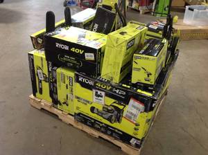 Pallet with assorted Ryobi Outdoor tools various models and conditions see pictures