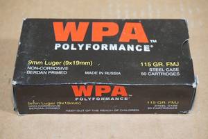 50 WPA Polyformance 9mm Luger 115 Gr FMJ Steel Case Ammo