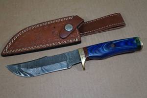 Custom Damascus Style Blade Hunting Knife with Exotic Wood Handle and Leather Sheath