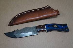 Custom Damascus Style Blade Hunting Knife with Exotic Wood Handle and Leather Sheath