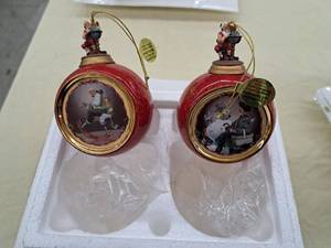 lot 698 image: Lot of (2) Grandfather and Boy on Rocking Horse and Grandfather and Snowman Collectors Ornaments