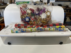 lot 30 image: Assorted Bows, Wrapping Paper and Wrapping Paper Tote with Wheels