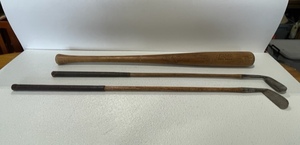 lot 38 image: Vintage H&B Don Hoak Wooden Bat and Vintage Golf Clubs