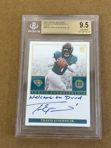 Travis Etienne JR 2021 Panini Encased RC Endorsements Gold 9.5 Gem Mint Beckett 0525