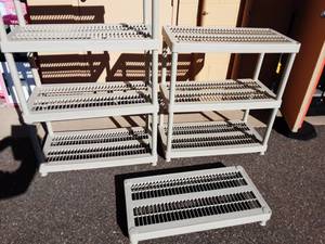 lot 48 image: 2-Sets Of Plastic Storage Shelves 1-3 Tier & 1-4 Tier. Plus 1-Extra Footed Shelf