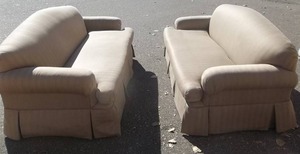 Pair Of Tan Herringbone Pattern Sofas Nice Condition
