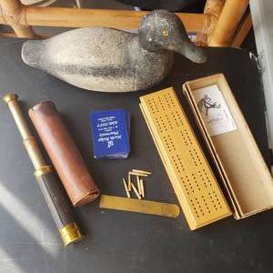 Vintage Wood Cribbage Board By Horn, Vintage Spy Glass With Leather Case-Marked Nulli Secondus No. 48 & Vintage Decoy