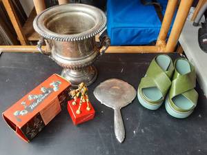 Silverplate Champagne Bucket & Hand Mirror, Olive Green Sandals Size 78, Vintage Wood Toy Puppet