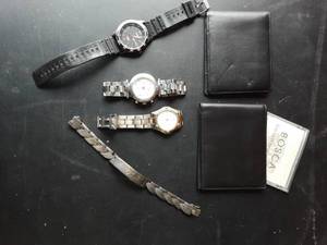2-Mens Leather Wallets, 3-Watches (Klaus Kobec, Wenger, Timex), 1-Bracelet Marked 925