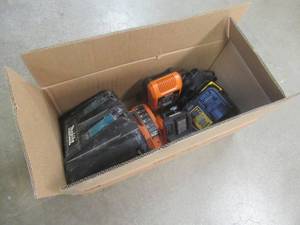 Box of Miscellaneous Chargers (Makita, RIDGED and Dewalt) Untested - SOLD AS IS