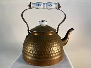 lot 54 image: copper tea kettle with porcelain handle & lid