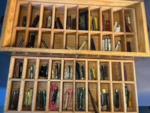 lot 70 image: assorted knives collection in multi-shelved wooden box
