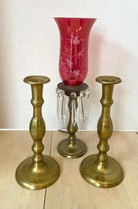 lot 132 image: Vintage Brass Based Lamp and Candle Holders
