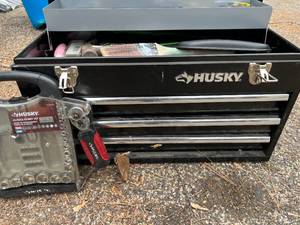 lot 52 image: Husky Black Tool Box, Contents and Stubby Set