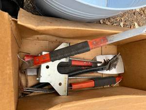 lot 70 image: Blue Tin Container, BBQ tools, Bocce Ball