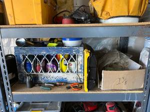 lot 137 image: Tool Shelf with Contents Milwaukee Drill, Stanley Sort Masters, and More