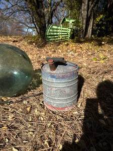 lot 199 image: WWII Fishing Glass Bobber, Vintage Lantern and Metal Gas Can