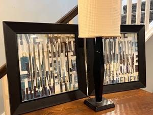 lot 11 image: Pair of Black Framed Mirrors and Lamp